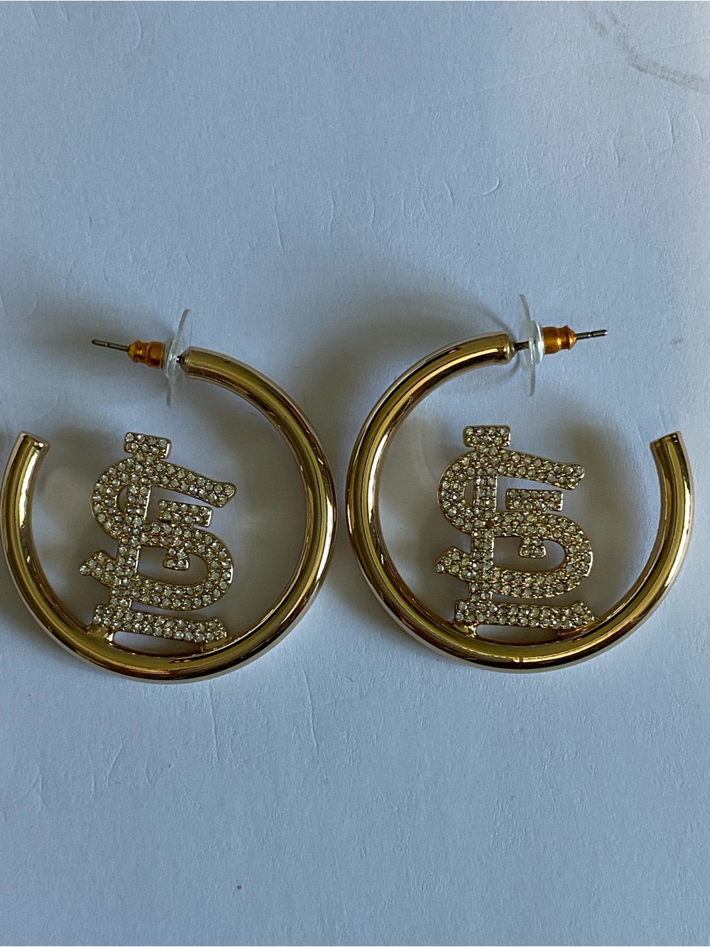 Gold Hoop Earrings with Crystal Monogram Charm St Louis Cardinal logo Bauble Bar